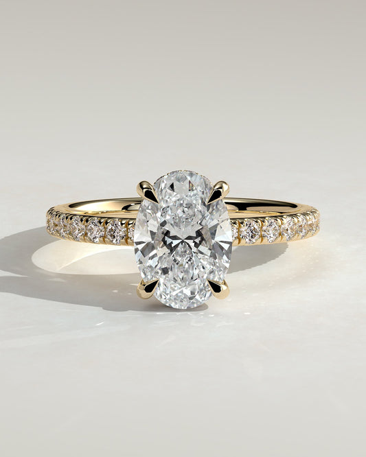 Paige - Oval Claw Solitaire with Hidden Halo and Pave Band Engagement Ring - Yellow Gold