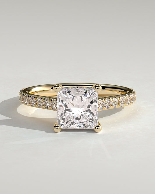Zendaya - Princess Claw Solitaire with Hidden Halo, Pave Band and Cathedral High Setting Engagement Ring - Yellow Gold - Yellow Gold 2ct