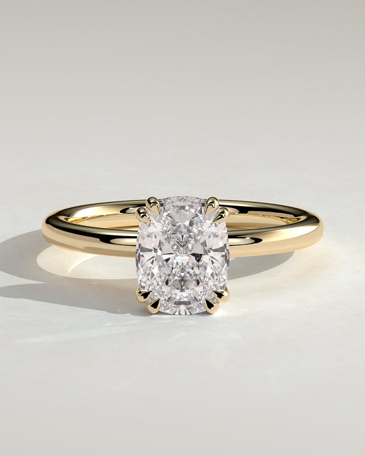 Aubrey - Elongated Cushion Double Claw Solitaire with Hidden Halo Engagement Ring - Yellow Gold - Yellow Gold 2ct