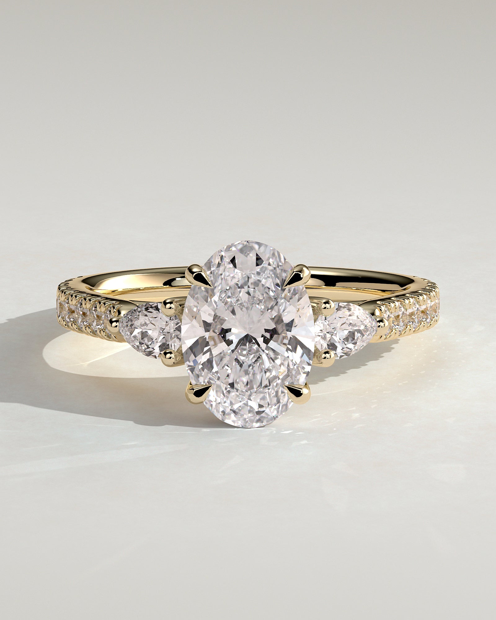 Arabella - Oval Claw Trilogy with Pear Side Stones and Pave Band Engagement Ring - Yellow Gold - Yellow Gold 2ct