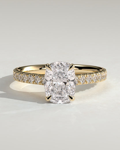 Annika - Elongated Cushion Claw Solitaire with Hidden Halo, Pave Band and Cathedral High Setting Engagement Ring - Yellow Gold
