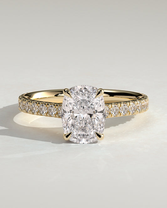 Annika - Elongated Cushion Claw Solitaire with Hidden Halo, Pave Band and Cathedral High Setting Engagement Ring - Yellow Gold - Yellow Gold 2ct