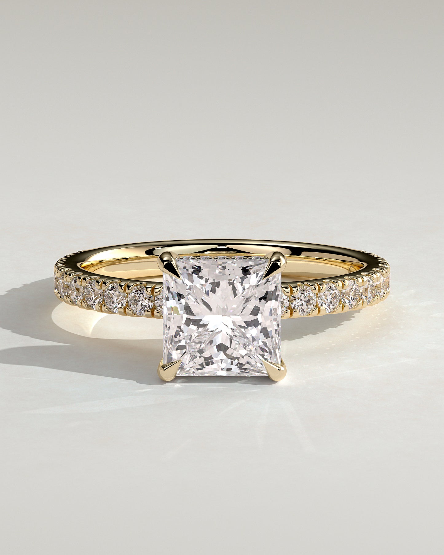 Annie - Princess Claw Solitaire with Hidden Halo and Pave Band Engagement Ring - Yellow Gold - Yellow Gold 2ct