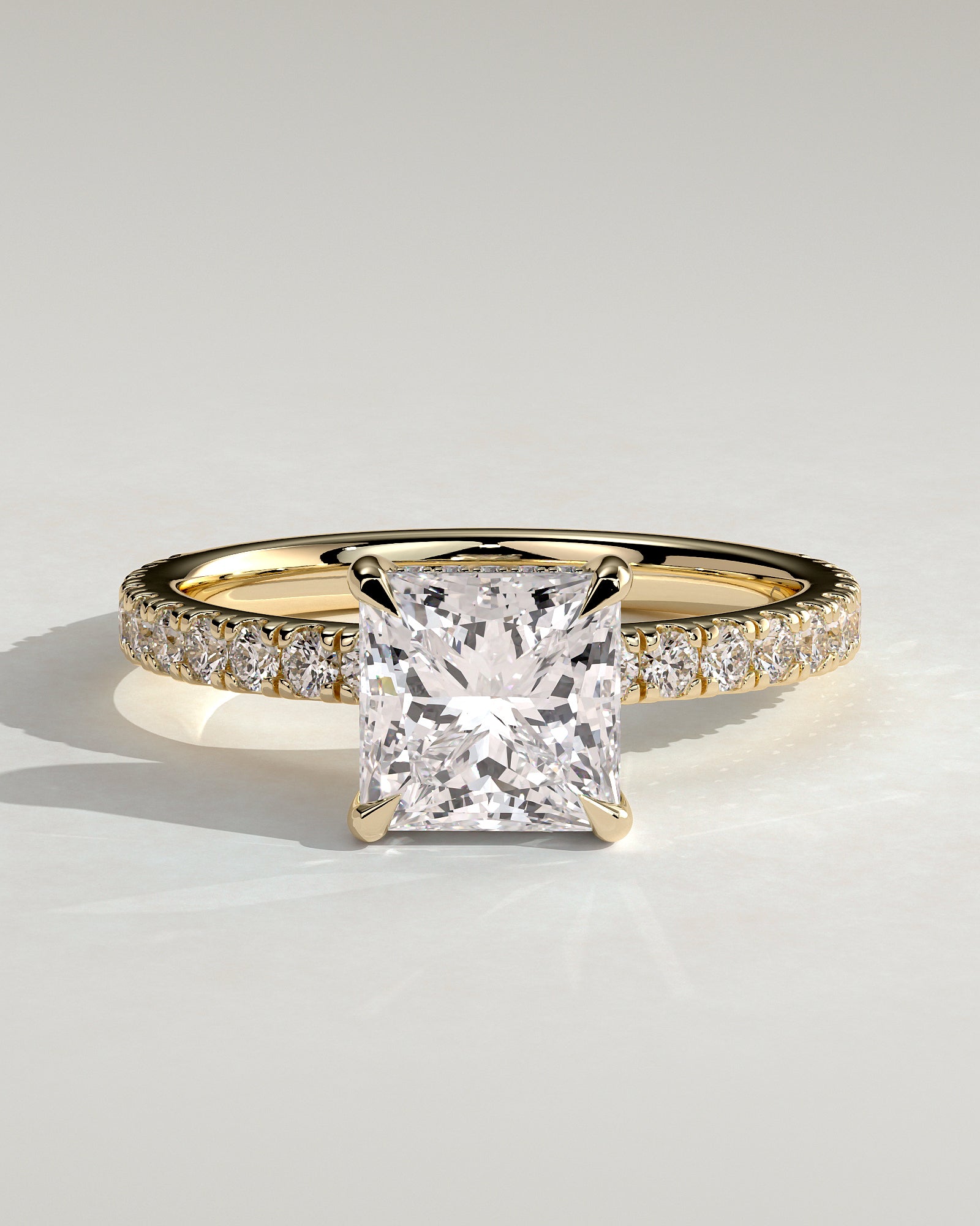 Annie - Princess Claw Solitaire with Hidden Halo and Pave Band Engagement Ring - Yellow Gold - Yellow Gold 2ct