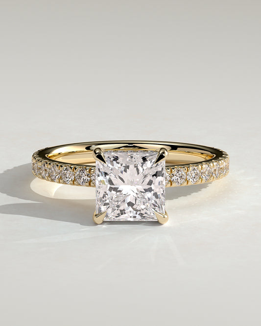 Annie - Princess Claw Solitaire with Hidden Halo and Pave Band Engagement Ring - Yellow Gold - Yellow Gold 2ct