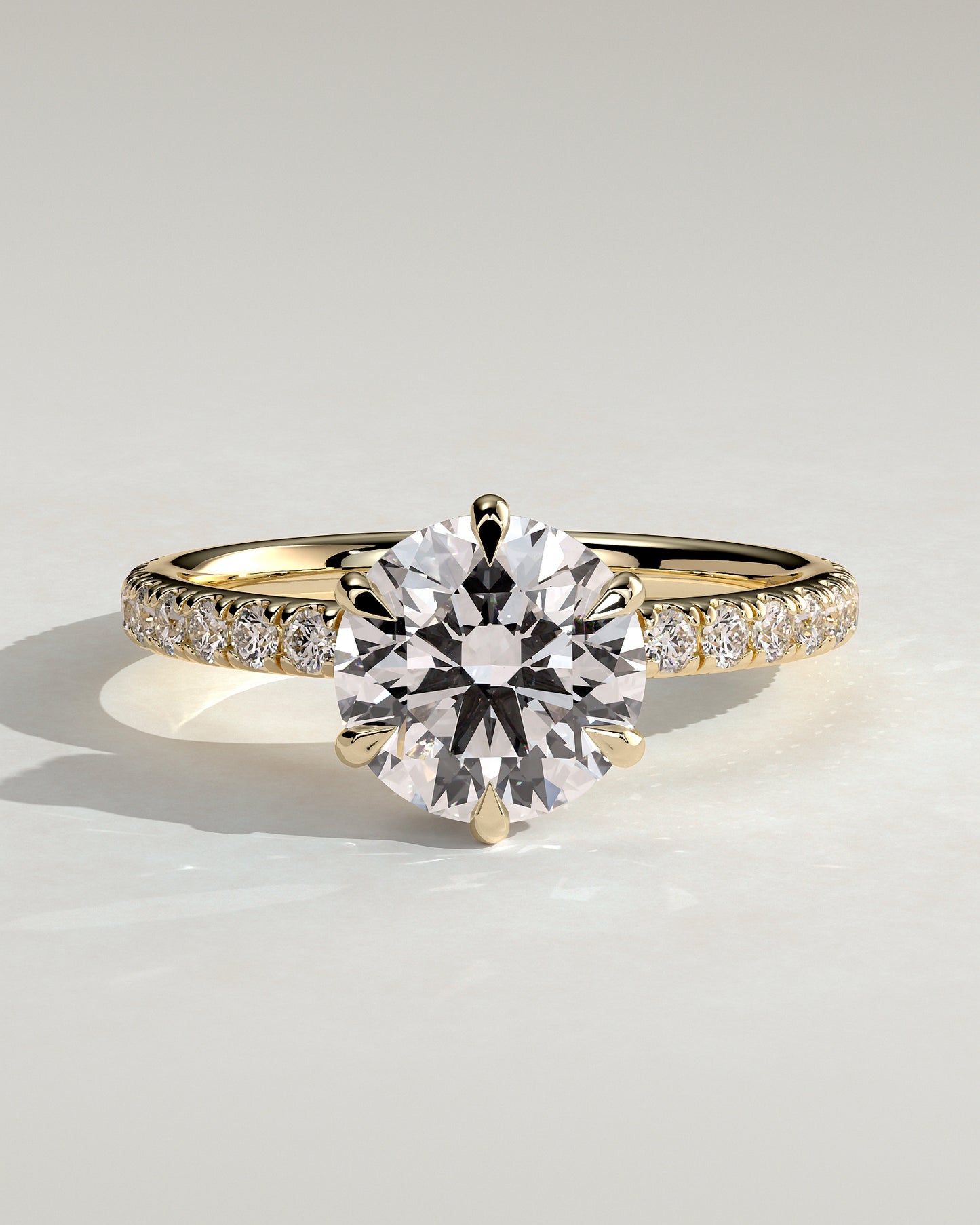 Amanda - Round Claw Solitaire with Wrap Around Hidden Halo and Pave Band Engagement Ring - Yellow Gold - Yellow Gold 2ct