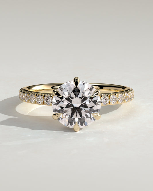 Amanda - Round Claw Solitaire with Wrap Around Hidden Halo and Pave Band Engagement Ring - Yellow Gold - Yellow Gold 2ct