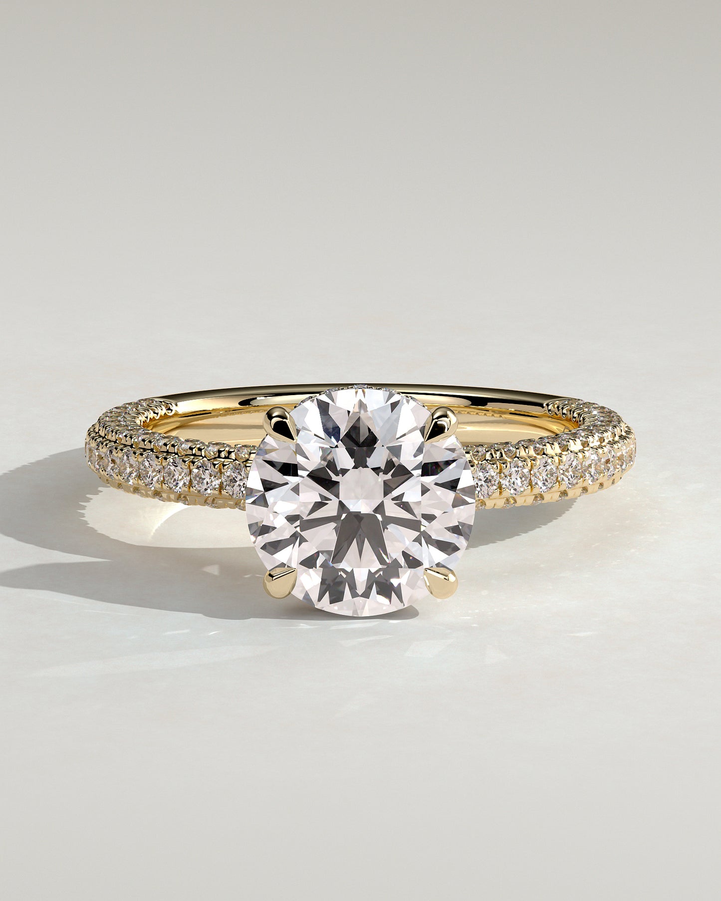 Alex - Round Claw Solitaire with Hidden Halo and Triple Pave Band Engagement Ring - Yellow Gold - Yellow Gold 2ct