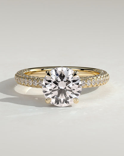 Alex - Round Claw Solitaire with Hidden Halo and Triple Pave Band Engagement Ring - Yellow Gold