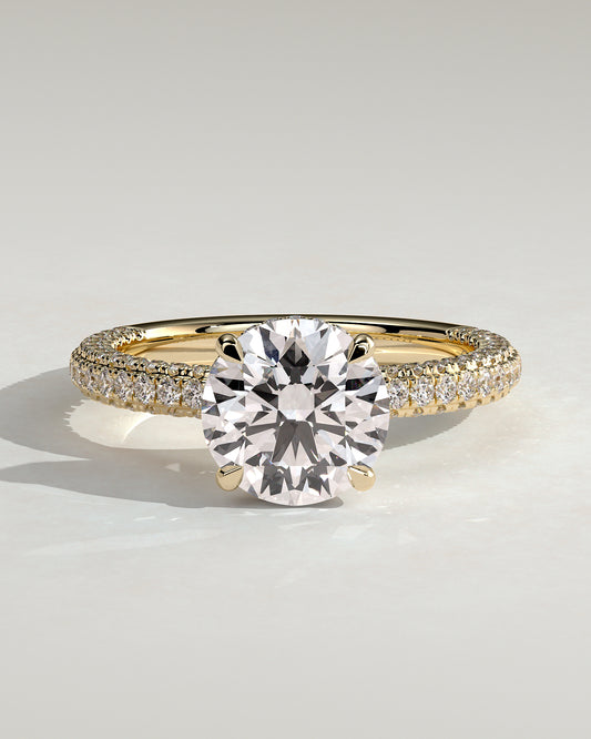 Alex - Round Claw Solitaire with Hidden Halo and Triple Pave Band Engagement Ring - Yellow Gold - Yellow Gold 2ct