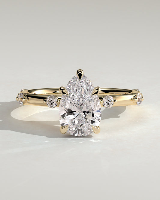 Amora - Pear Claw Solitaire with 6 Spaced Round Accent Stones and Hidden Halo Engagement Ring - Yellow Gold - Yellow Gold 2ct