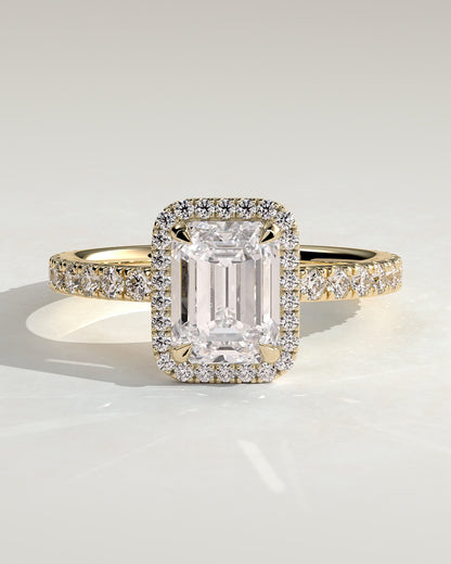 Analyce - Emerald Claw Solitaire with Halo and Pave Band Engagement Ring - Yellow Gold
