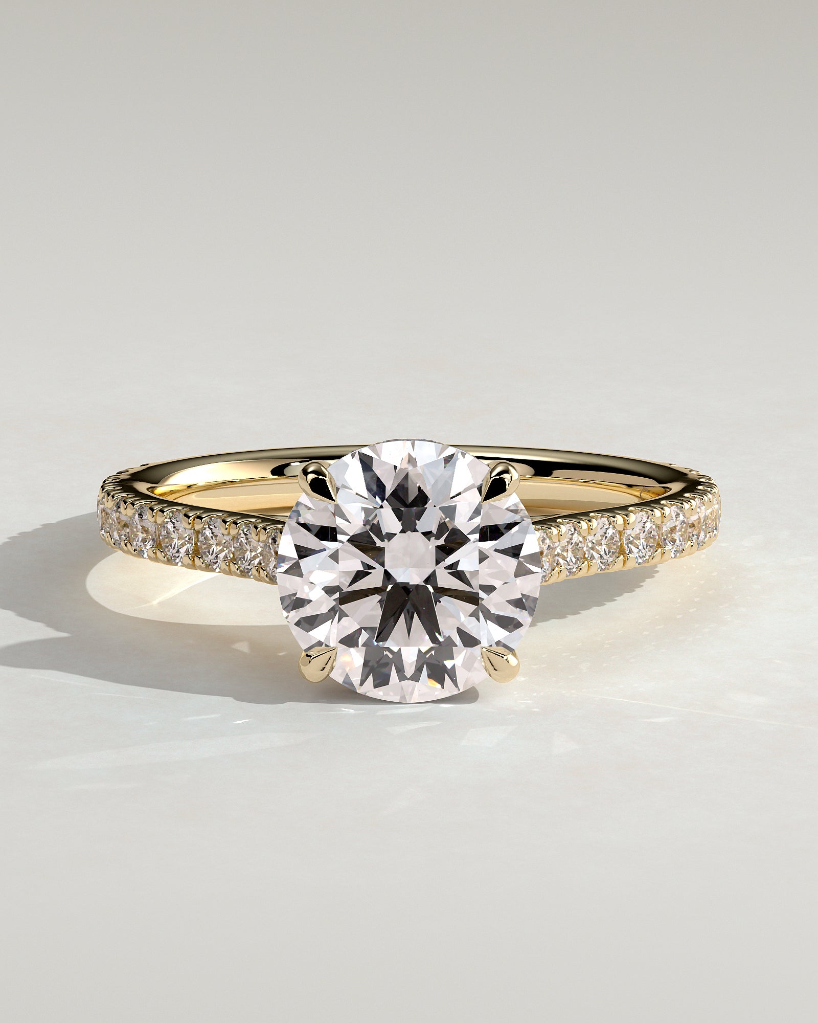 Ashlea - Round Claw Solitaire with Hidden Halo, Pave Band and Cathedral High Setting Engagement Ring - Yellow Gold - Yellow Gold 2ct