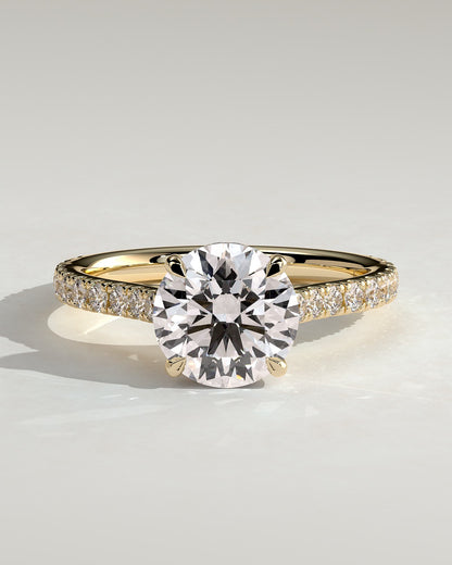 Ashlea - Round Claw Solitaire with Hidden Halo, Pave Band and Cathedral High Setting Engagement Ring - Yellow Gold