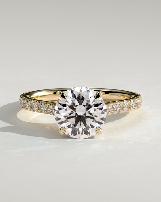 Ashlea - Round Claw Solitaire with Hidden Halo, Pave Band and Cathedral High Setting Engagement Ring - Yellow Gold - Yellow Gold 2ct