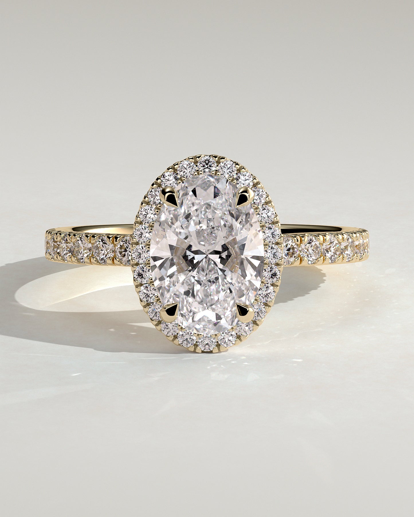 Aurora - Oval Claw Solitaire with Halo and Pave Band Engagement Ring - Yellow Gold - Yellow Gold 2ct