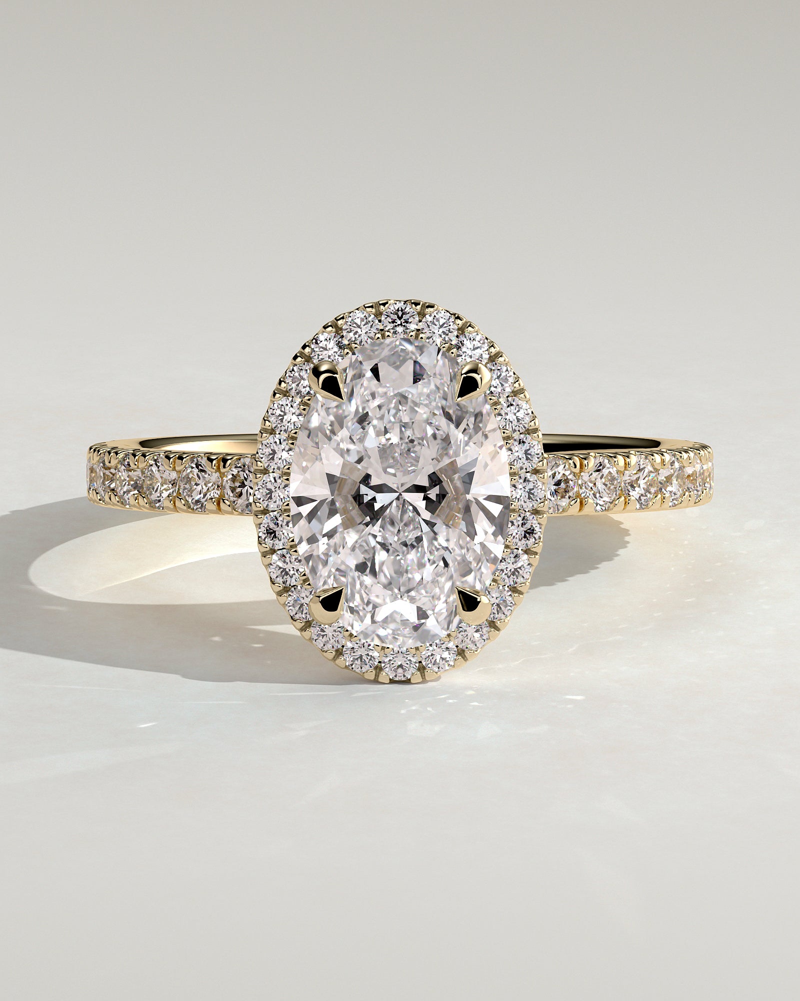 Aurora - Oval Claw Solitaire with Halo and Pave Band Engagement Ring - Yellow Gold - Yellow Gold 2ct