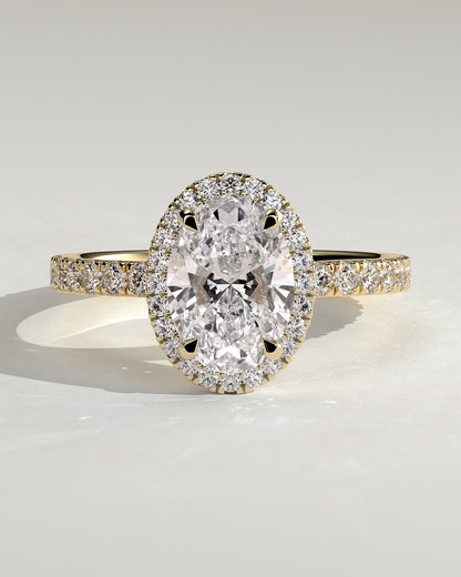 Aurora - Oval Claw Solitaire with Halo and Pave Band Engagement Ring - Yellow Gold