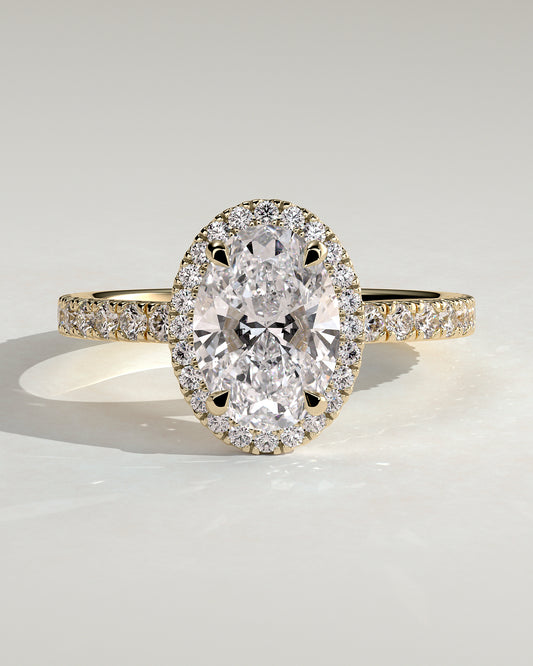 Aurora - Oval Claw Solitaire with Halo and Pave Band Engagement Ring - Yellow Gold - Yellow Gold 2ct