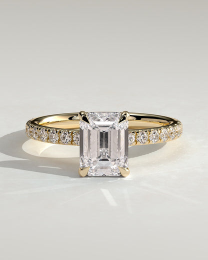 Gwyneth - Emerald Claw Solitaire with Hidden Halo and Pave Band Engagement Ring - Yellow Gold