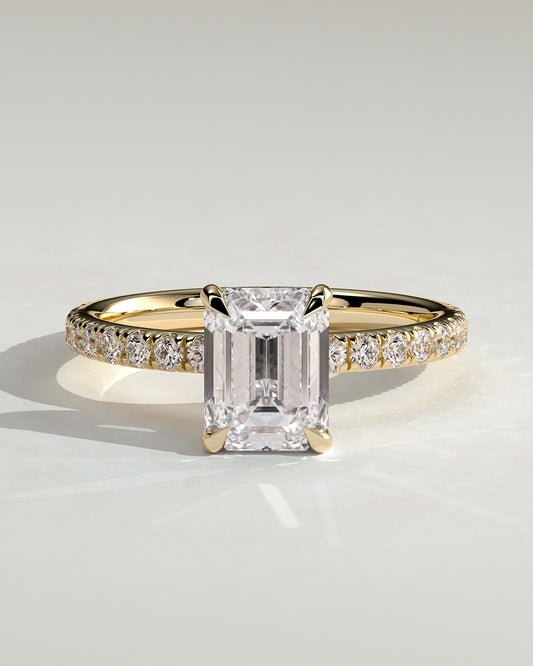Gwyneth - Emerald Claw Solitaire with Hidden Halo and Pave Band Engagement Ring - Yellow Gold - Yellow Gold 2ct