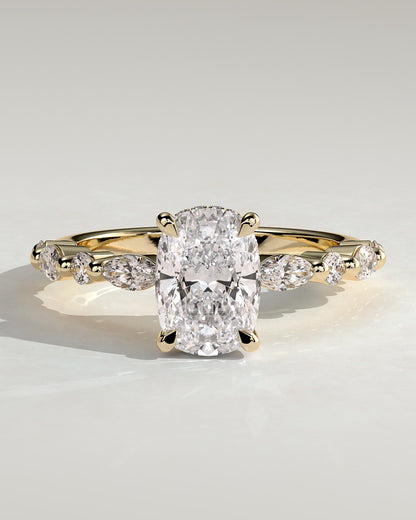 Cali - Elongated Cushion Claw Solitaire with Marquise-Round Accent Stones and Hidden Halo Engagement Ring - Yellow Gold