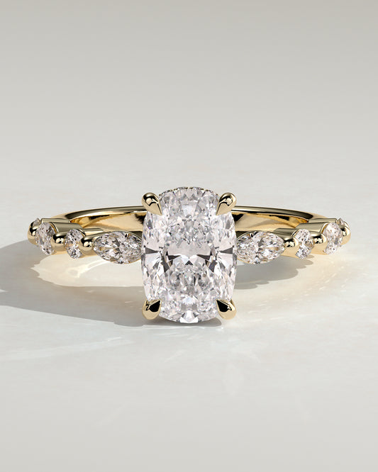 Cali - Elongated Cushion Claw Solitaire with Marquise-Round Accent Stones and Hidden Halo Engagement Ring - Yellow Gold - Yellow Gold 2ct