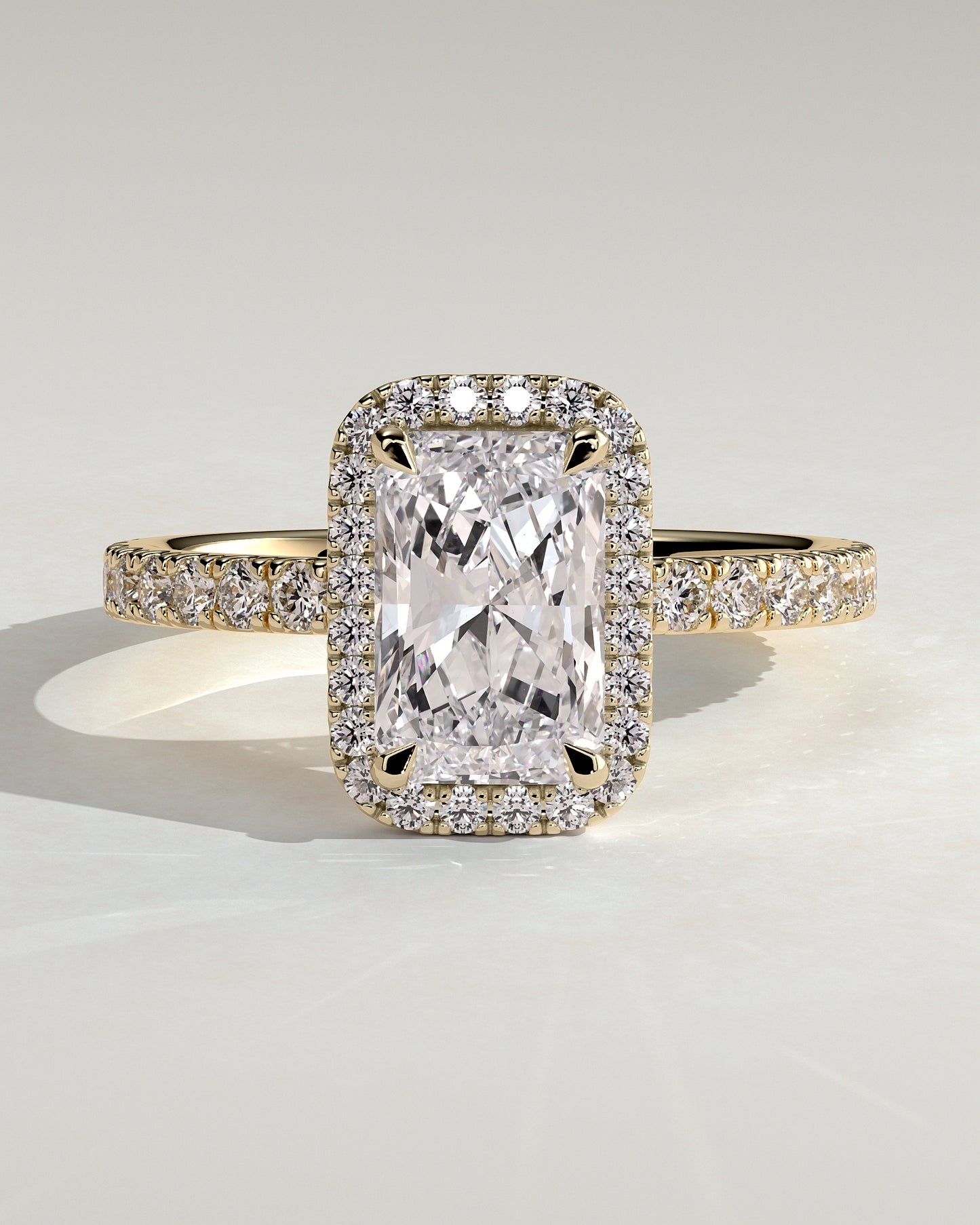 Catherine - Radiant Claw Solitaire with Halo and Pave Band Engagement Ring - Yellow Gold - Yellow Gold 2ct