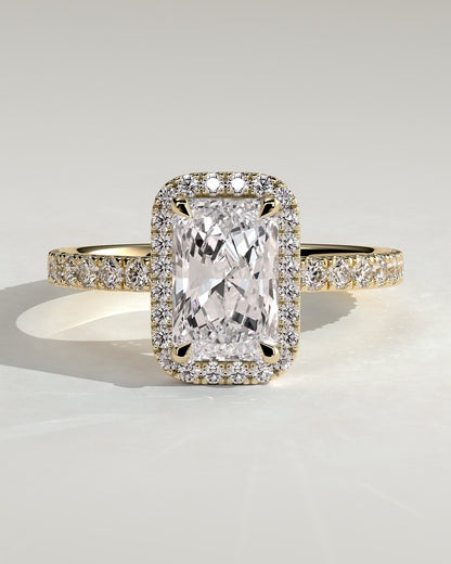 Catherine - Radiant Claw Solitaire with Halo and Pave Band Engagement Ring - Yellow Gold
