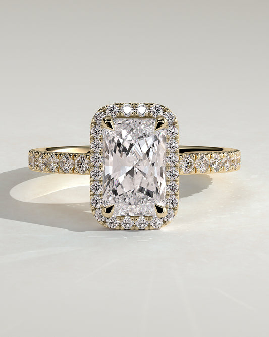 Catherine - Radiant Claw Solitaire with Halo and Pave Band Engagement Ring - Yellow Gold - Yellow Gold 2ct