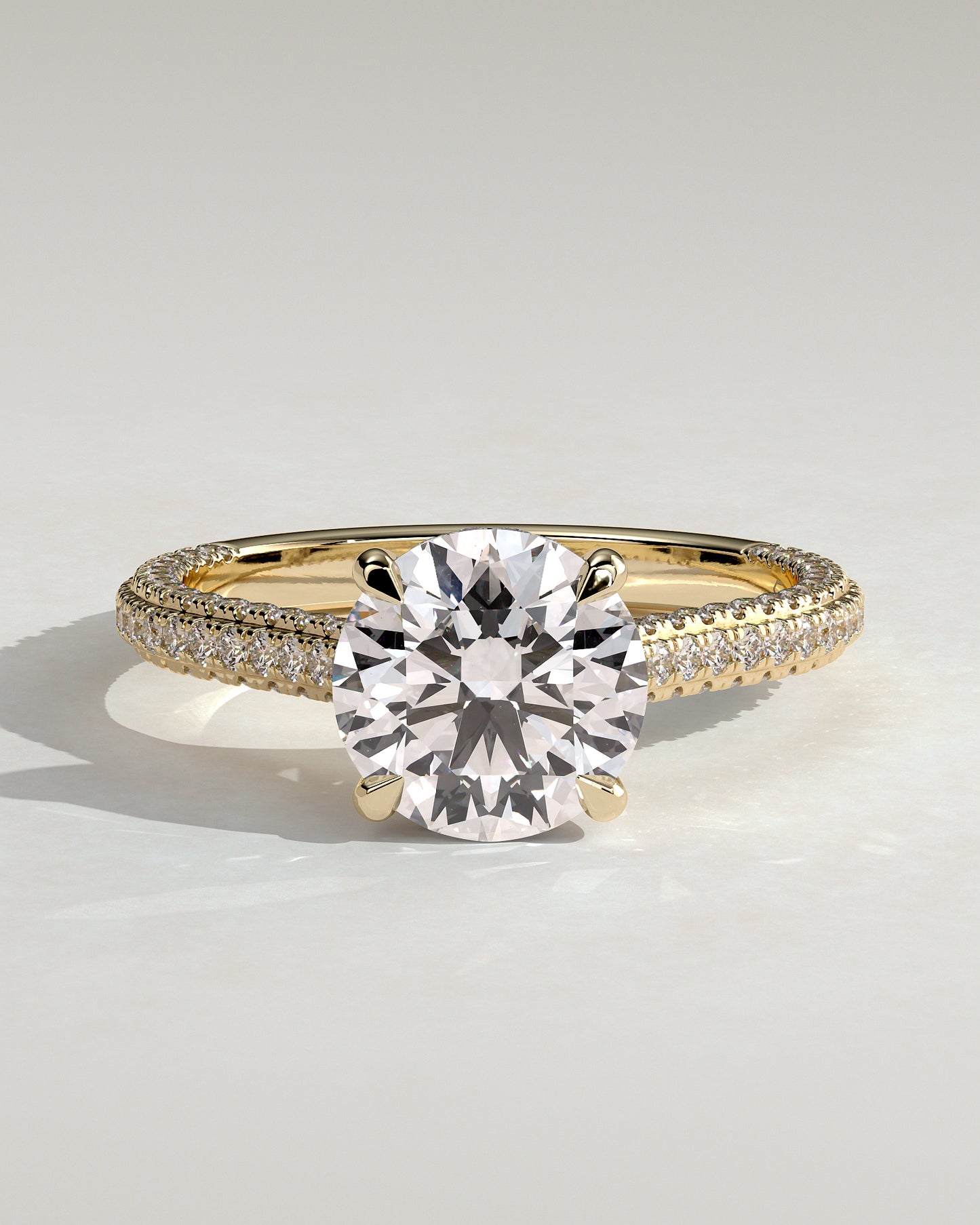 Chelsea - Round Claw Solitaire with Hidden Halo, Triple Pave Band and Cathedral High Setting Engagement Ring - Yellow Gold - Yellow Gold 2ct