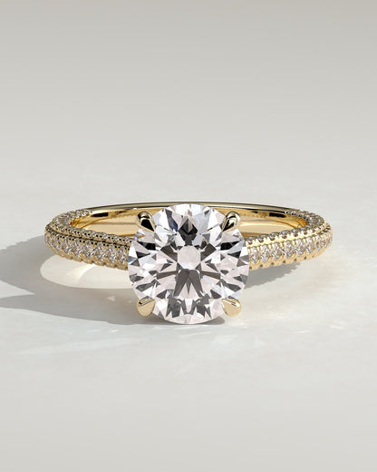 Chelsea - Round Claw Solitaire with Hidden Halo, Triple Pave Band and Cathedral High Setting Engagement Ring - Yellow Gold