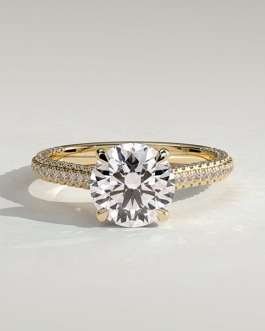 Chelsea - Round Claw Solitaire with Hidden Halo, Triple Pave Band and Cathedral High Setting Engagement Ring - Yellow Gold - Yellow Gold 2ct