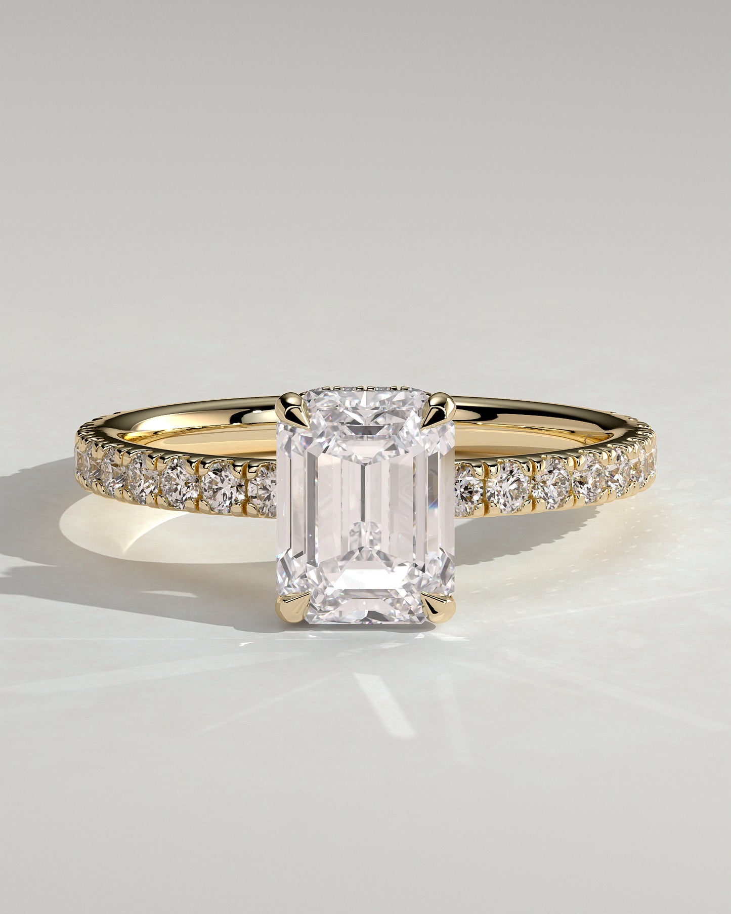 Eliana - Emerald Claw Solitaire with Wrap Around Hidden Halo and Pave Band Engagement Ring - Yellow Gold - Yellow Gold 2ct