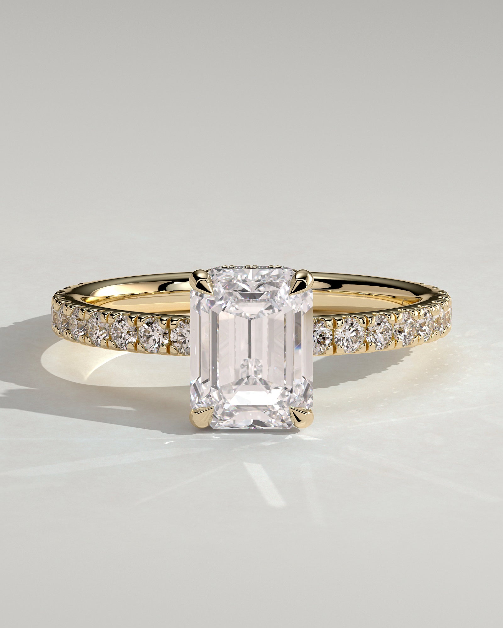 Eliana - Emerald Claw Solitaire with Wrap Around Hidden Halo and Pave Band Engagement Ring - Yellow Gold - Yellow Gold 2ct