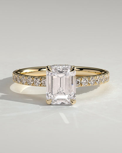 Eliana - Emerald Claw Solitaire with Wrap Around Hidden Halo and Pave Band Engagement Ring - Yellow Gold