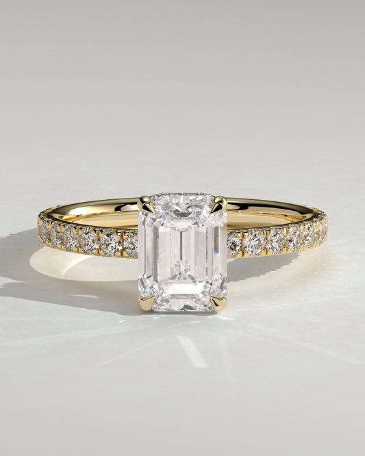 Eliana - Emerald Claw Solitaire with Wrap Around Hidden Halo and Pave Band Engagement Ring - Yellow Gold - Yellow Gold 2ct