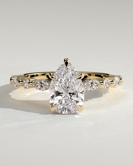 Jacinta - Pear Claw Solitaire with Marquise and Round Accent Stones Engagement Ring - Yellow Gold - Yellow Gold 2ct