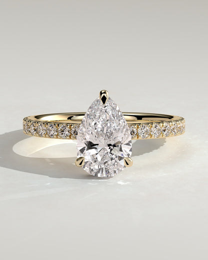 Keira - Pear Claw Solitaire with Wrap Around Hidden Halo and Pave Band Engagement Ring - Yellow Gold