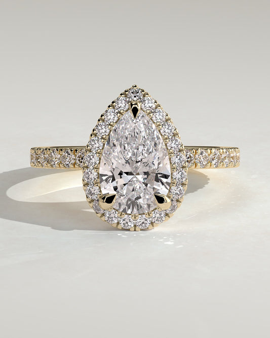 Lauren - Pear Claw Solitaire with Halo and Pave Band Engagement Ring - Yellow Gold