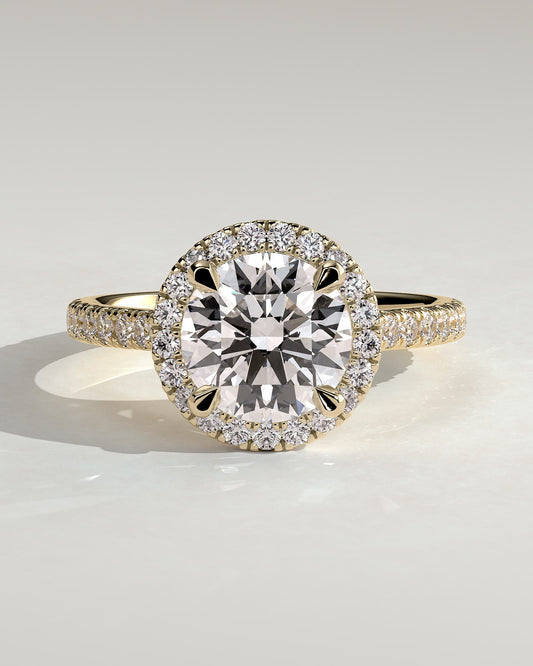 Leah - Round Claw Solitaire with Halo and Pave Band and Cathedral High Setting Engagement Ring - Yellow Gold