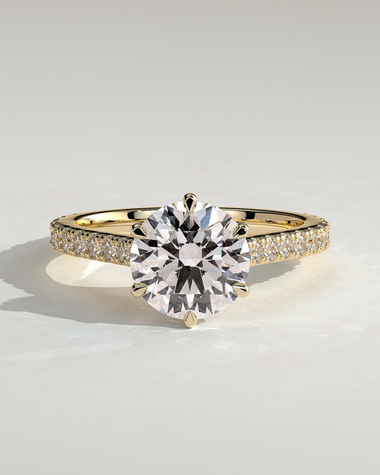 Maisy - Round Claw Solitaire with Pave Band and Cathedral High Setting Engagement Ring - Yellow Gold