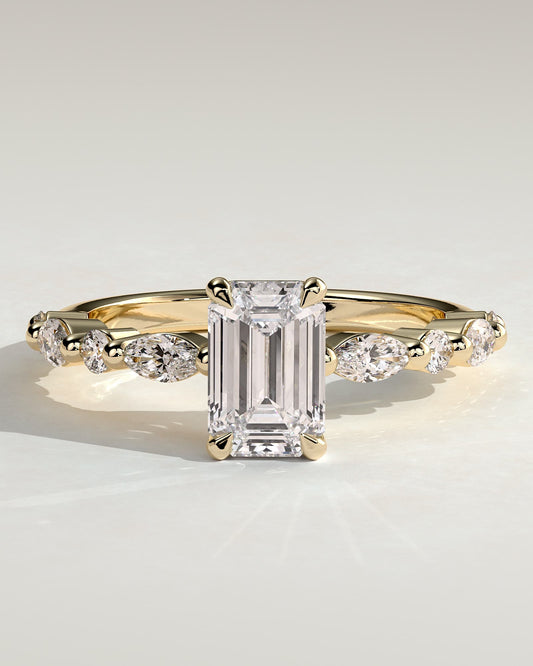 Parker - Emerald Claw Solitaire with Marquise and Round Accent Stones Engagement Ring - Yellow Gold