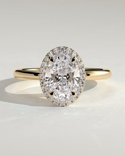 Phoebe - Oval Claw Solitaire with Halo Engagement Ring - Yellow Gold