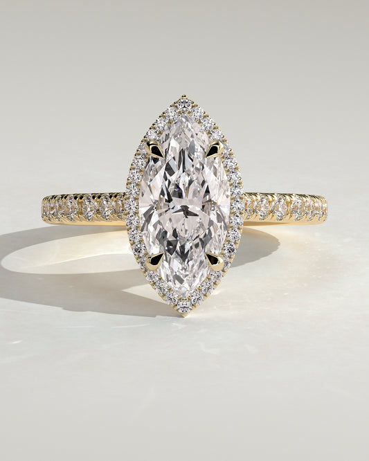 Stefania - Marquise Claw Solitaire with Halo and Pave Band and Cathedral High Setting Engagement Ring - Yellow Gold - Yellow Gold 2ct