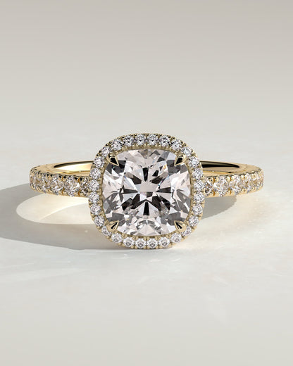 Suzana - Cushion Claw Solitaire with Halo and Pave Band Engagement Ring - Yellow Gold
