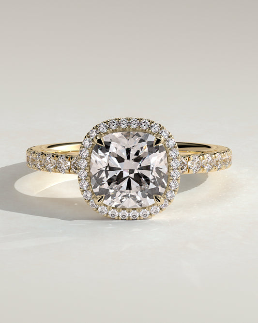 Suzana - Cushion Claw Solitaire with Halo and Pave Band Engagement Ring - Yellow Gold - Yellow Gold 2ct