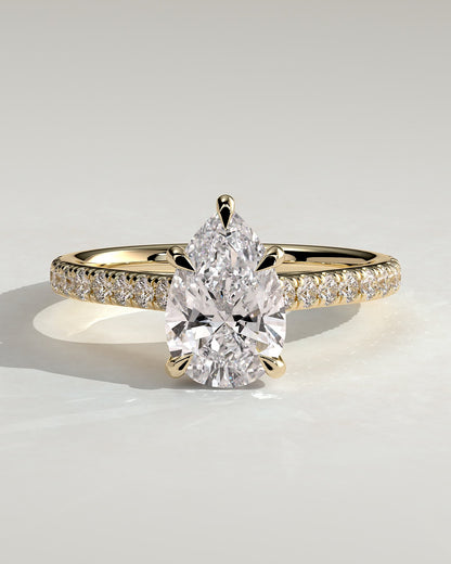 Katrina - Pear Claw Solitaire with Hidden Halo, Pave Band and Cathedral High Setting Engagement Ring - Yellow Gold
