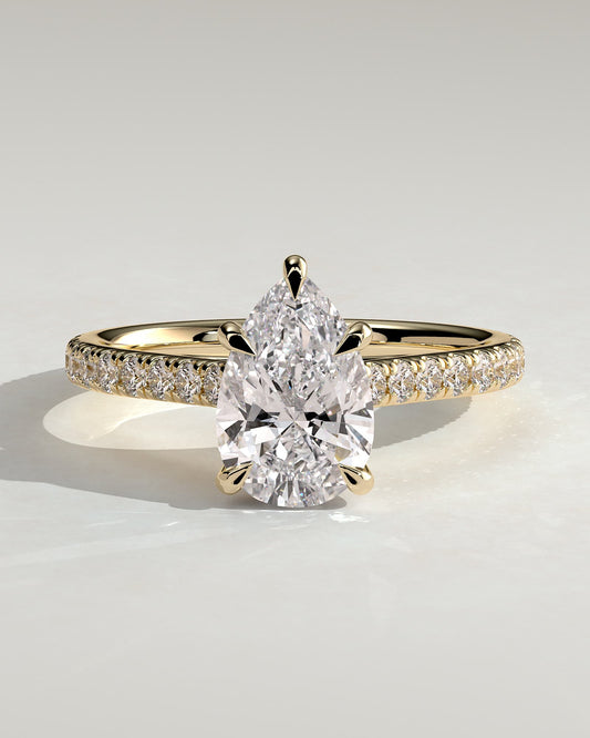 Katrina - Pear Claw Solitaire with Hidden Halo, Pave Band and Cathedral High Setting Engagement Ring - Yellow Gold
