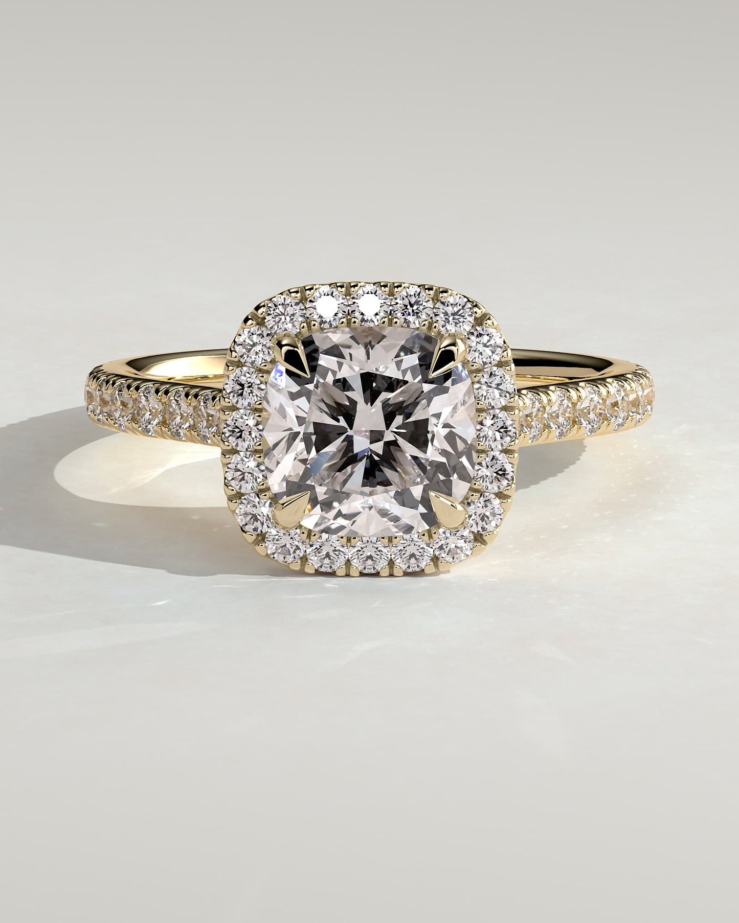 Nicole - Cushion Claw Solitaire with Halo and Pave Band and Cathedral High Setting Engagement Ring - Yellow Gold